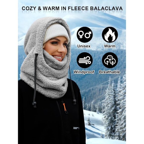 Fleece Balaclava Ski Grey Mask Men Women Winter Face Mask Windproof Hood Neck - Picture 5 of 7